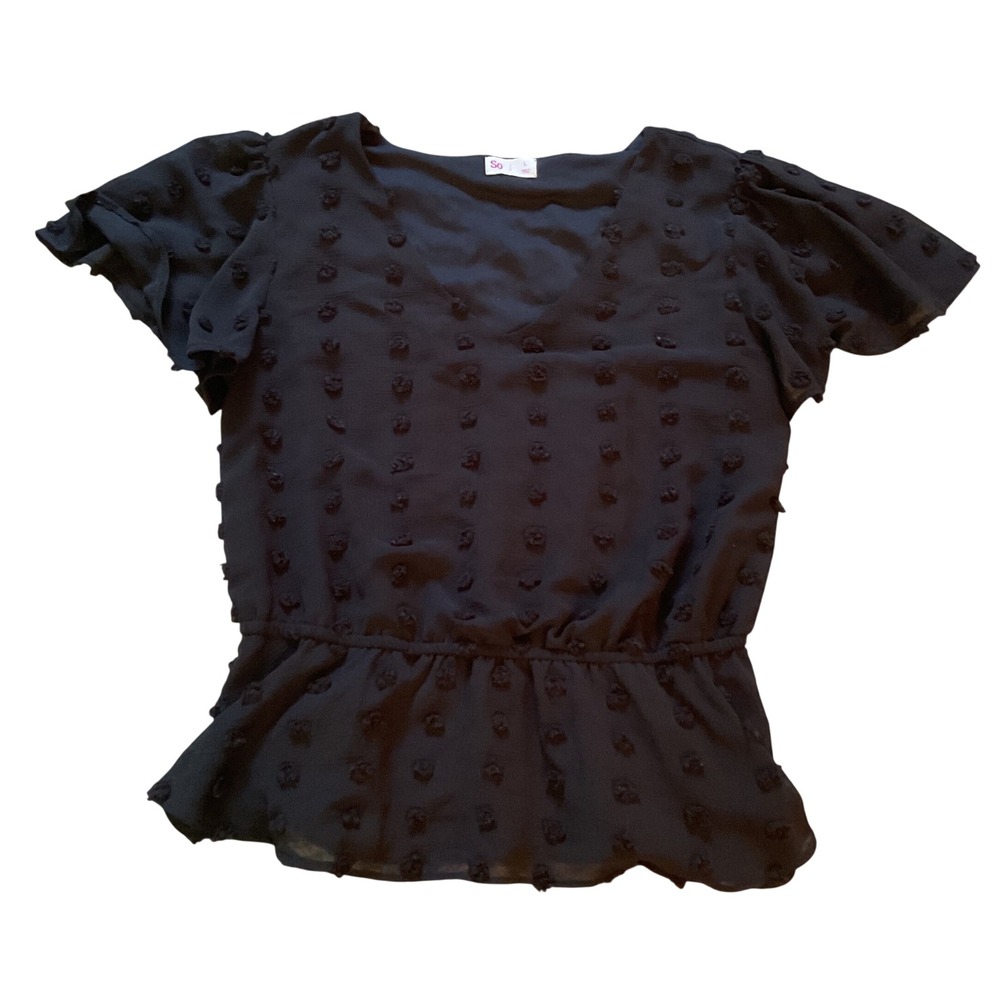 So Women Black Swiss Dot Peplum V-Neck Flutter Sleeve Blouse Top Large